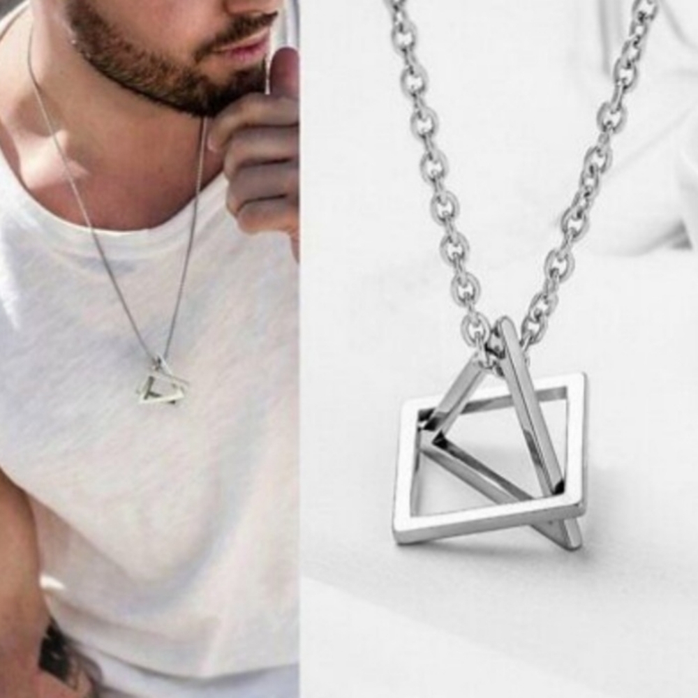 Geometric Hollow Triangular Chain Pendant Necklace Men/Women - Picture 1 of 16
